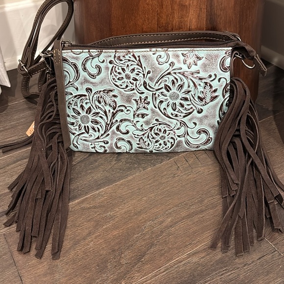 Justin Suede Look Fringe Tooled Sunflower,zip top,adjust/removable strap,pockets - Picture 2 of 10